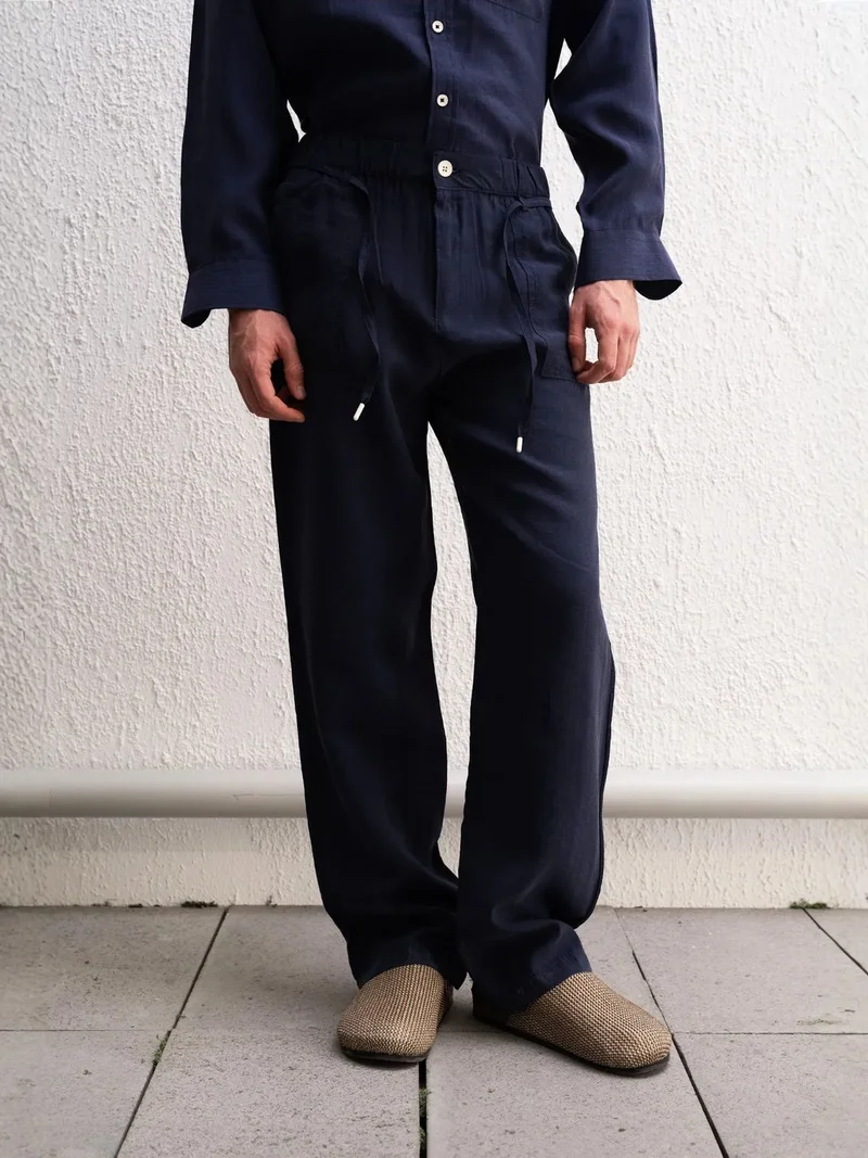 Giesto GIESTO Regular Fit Drawstring Waist Tencel Pants with Binding Detail